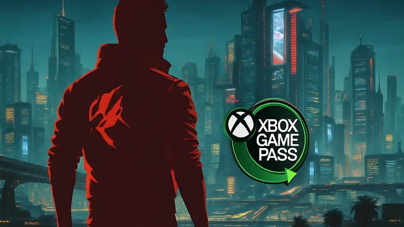 Ви из Cyberpunk 2077 на фоне Найт-Сити, символизирующая две новые игры в Xbox Game Pass