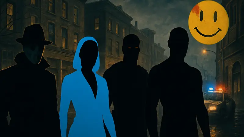 Главные герои сериала «Хранители» от HBO в масках и костюмах.