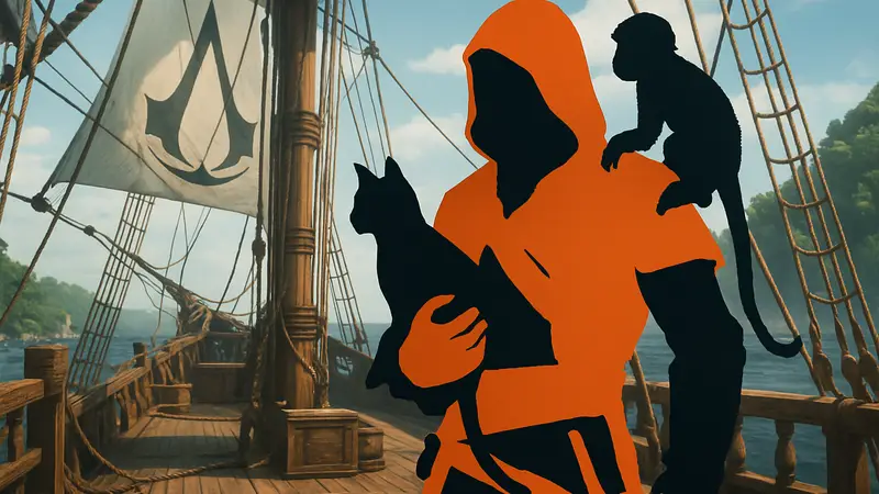 Эдвард Кенуэй с кошкой и обезьяной на корабле в Assassin's Creed Black Flag Resynced, изображение питомцев в игре