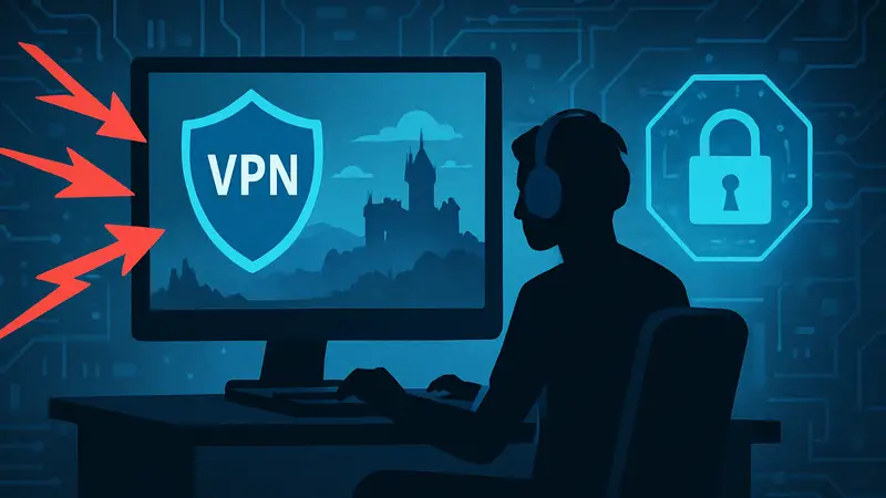 Игровой VPN: иллюстрация защиты от DDoS и быстрого доступа к играм, концепт кибербезопасности