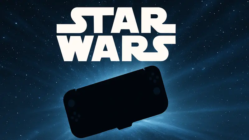 Логотип Star Wars на фоне силуэта Nintendo Switch 2 или космического корабля, летящего сквозь звёзды.