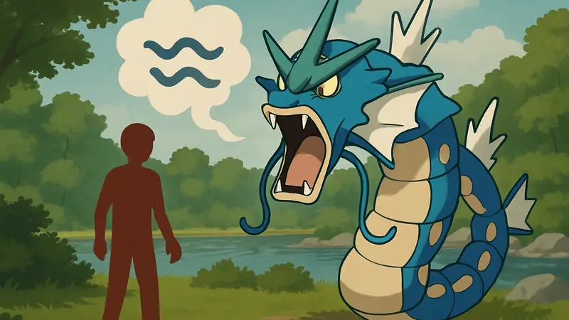 Изображение покемона Gyarados в стиле Pokémon FireRed и LeafGreen, показывающее его неожиданную слабость.