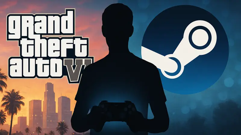 Игровой контроллер на фоне логотипов GTA 6 и Steam, символизирующий выбор геймера.