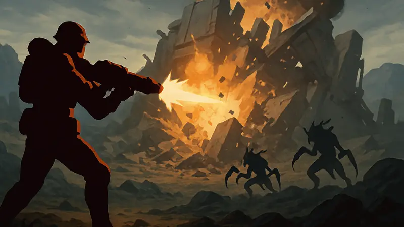 Игровой процесс Helldivers 2: солдат использует Demolition Force против врагов и разрушает объекты.