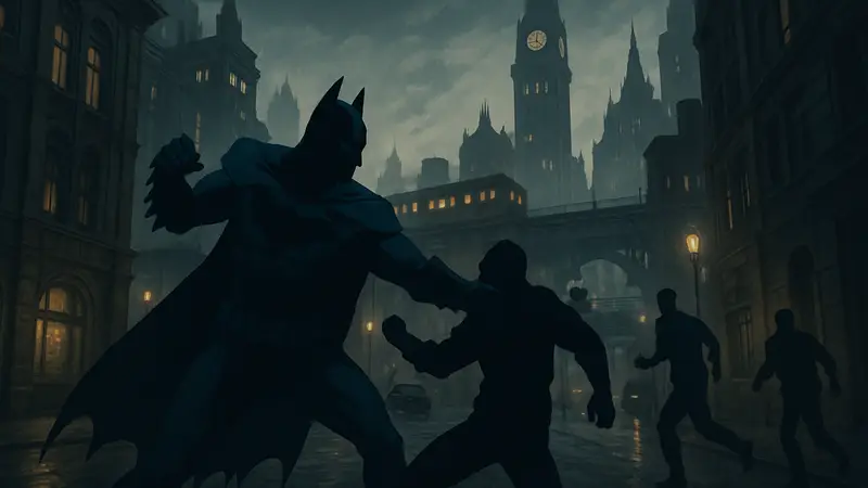 Город в открытом мире, похожий на Готэм, с элементами боя в стиле Batman Arkham.