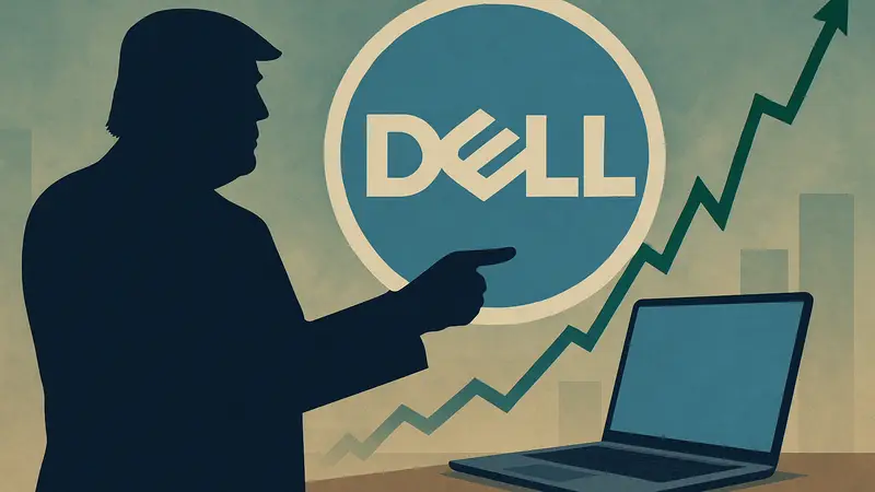Дональд Трамп рекомендует компьютеры Dell, на фоне логотип Dell и график роста акций