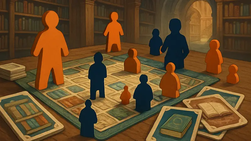 Изображение компонентов настольной игры «Великая библиотека» с картами и фигурками. Предзаказ в России.