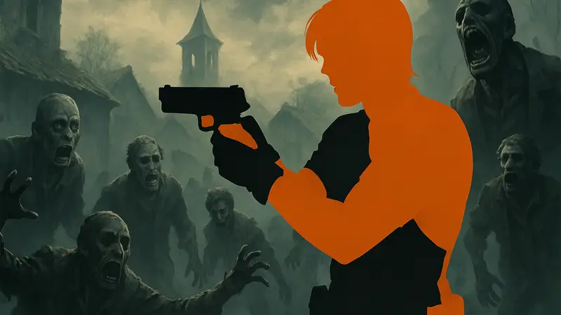 Леон Кеннеди из Resident Evil с пистолетом, отпускающий остроумную фразу на фоне монстров.