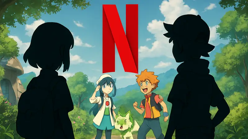 Кадр из аниме Pokémon Horizons, персонажи Лико и Рой, логотип Netflix на фоне.