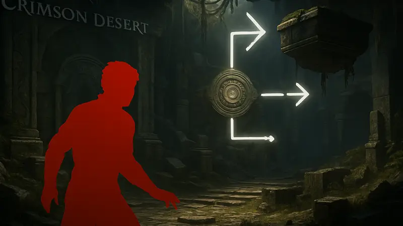 Скриншот из игры Crimson Desert с элементами головоломки Roots of Truth Abyss и указаниями по маневрам Axiom Force.