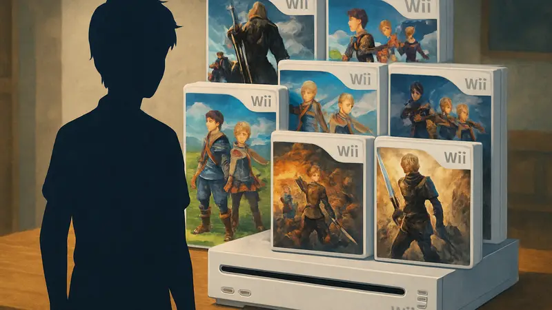 10 JRPG игр для Nintendo Wii, лежащих  на консоли.