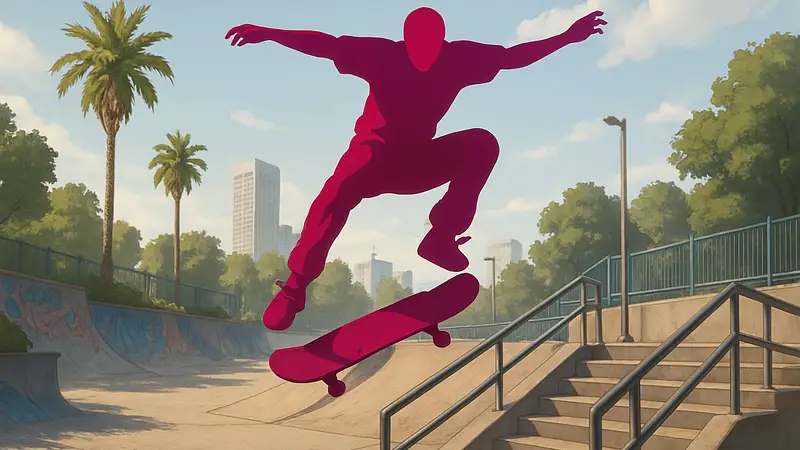 Скриншот из игры Skate Style: персонаж на скейтборде выполняет трюк, кастомизация анимаций.