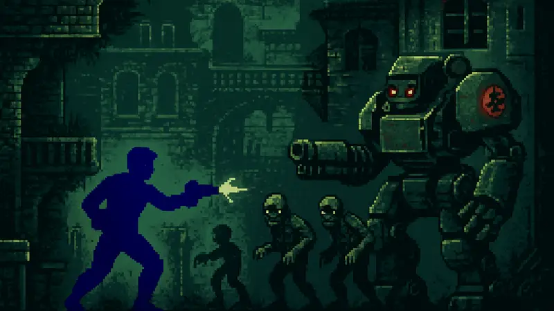 Обложка игры Wolfhound, 8-битный ретро-стиль, зомби и нацистские мехи на экране.