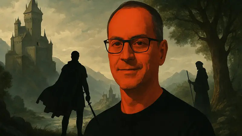 Патрик Метье, директор Far Cry, на фоне концепт-артов Project Windless в средневековом фэнтези стиле.
