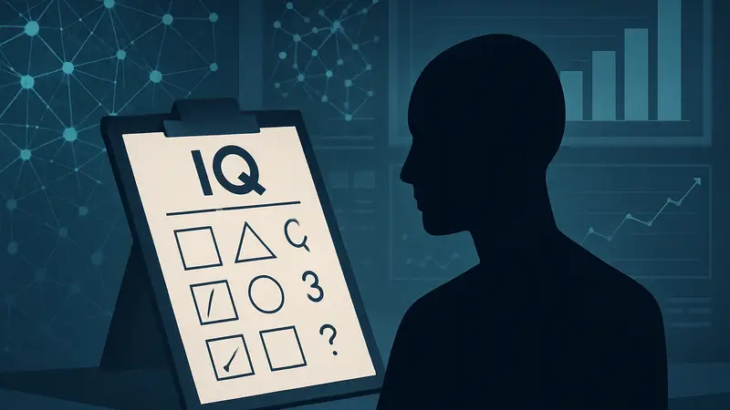 Схематичное изображение искусственного интеллекта, проходящего тест на IQ, с графиками и нейронными сетями на фоне.