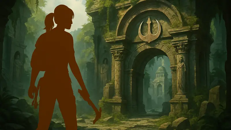 Лара Крофт из Tomb Raider: Legacy of Atlantis, исследующая руины, фон для новичков.