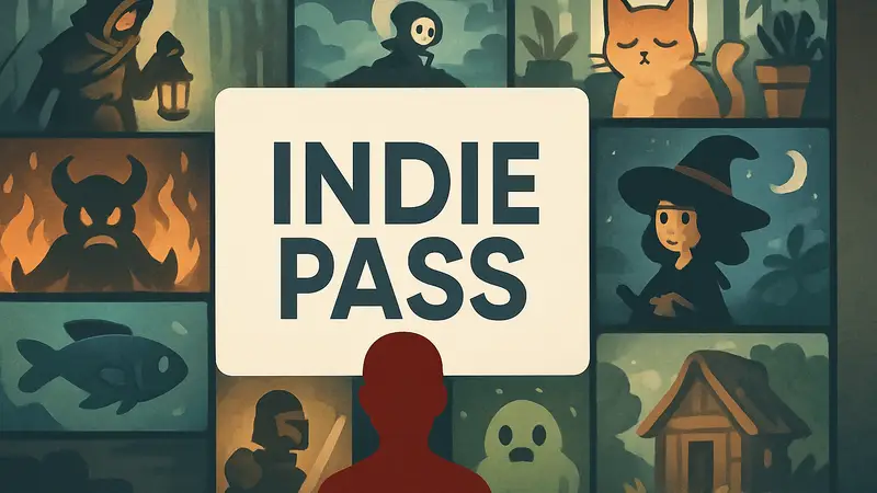 Логотип или обложка Indie Pass, на фоне которой расположены иконки различных инди-игр
