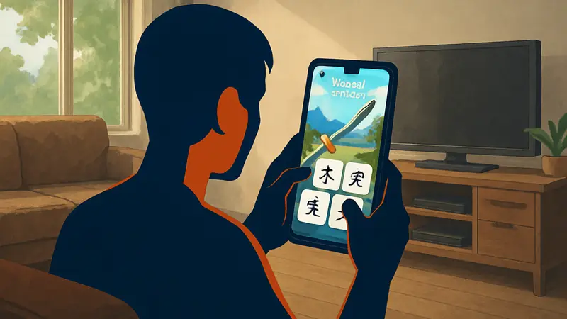 Человек играет в обучающую игру WamojiSword с японскими иероглифами.