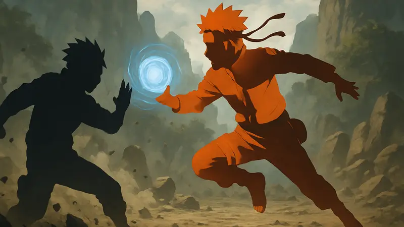 Изображение героев аниме «Наруто» во время эпичной битвы, демонстрирующее одного из персонажей в действии.