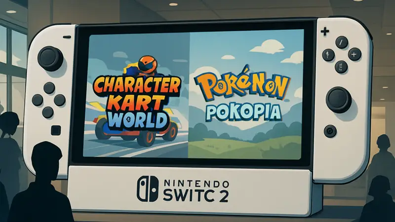Консоль Nintendo Switch 2 с логотипами игр Mario Kart World и Pokémon Pokopia на экране.