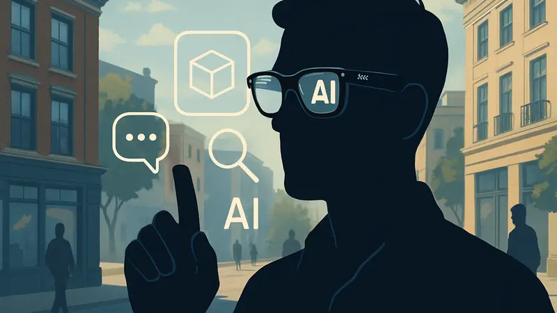 Человек в стильных очках Ray-Ban, демонстрирующий функции дополненной реальности и ИИ.
