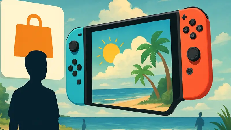 Логотип Nintendo eShop и консоль Nintendo Switch с летним оформлением