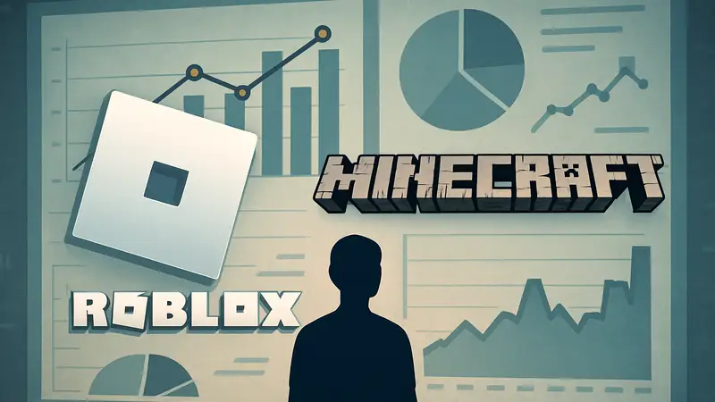 Логотипы игр Roblox и Minecraft на фоне аналитических графиков, иллюстрирующих исследование Newzoo.