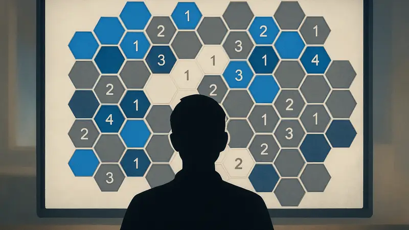Игровой экран Hexcells с синими и серыми шестиугольниками и цифрами.