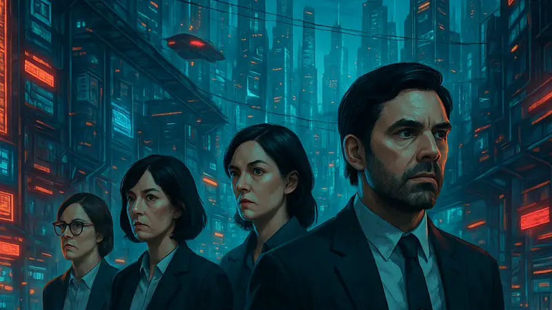 Обложка сериала Neuromancer Apple TV, киберпанк-стилистика, футуристический город, герои из Severance