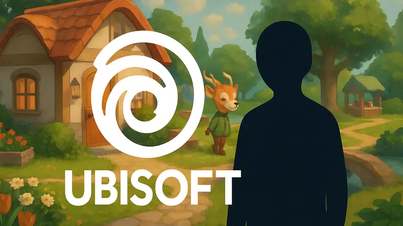 Логотип Ubisoft на фоне скриншота уютной игры в стиле Animal Crossing
