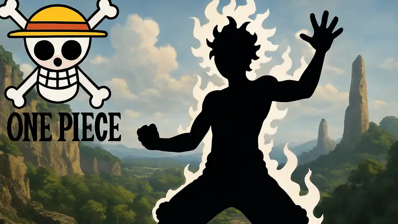 Эмблема One Piece и силуэт персонажа в новой форме Мифического Бога
