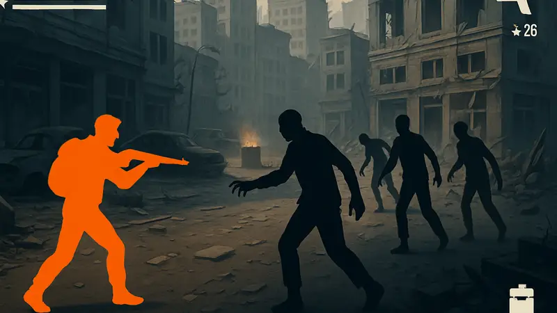 Кадр из игры The Walking Dead: Aftermath, демонстрирующий главного героя, сражающегося с зомби в разрушенном городе, с элементами интерфейса roguelite.