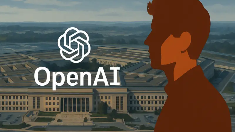 Логотип OpenAI на фоне здания Пентагона, рядом силуэт Сэма Альтмана