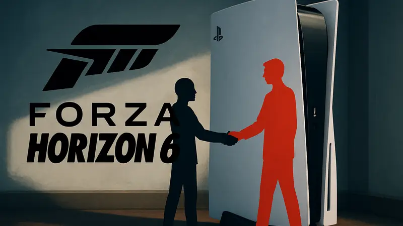 Логотип Forza Horizon 6 на фоне консоли PlayStation 5, символизирующий сотрудничество