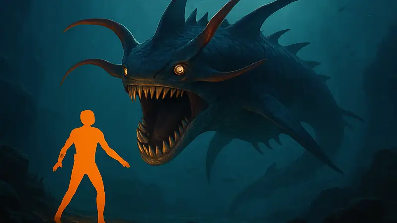 Опасный Левиафан в глубинах океана из игры Subnautica 2, готовый к атаке.