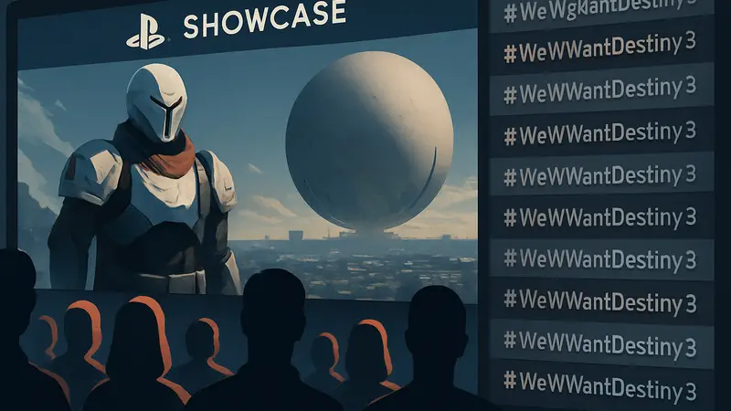 Переполненный чат Twitch на фоне стрима PlayStation Showcase, с повторяющимися сообщениями #WeWantDestiny3.