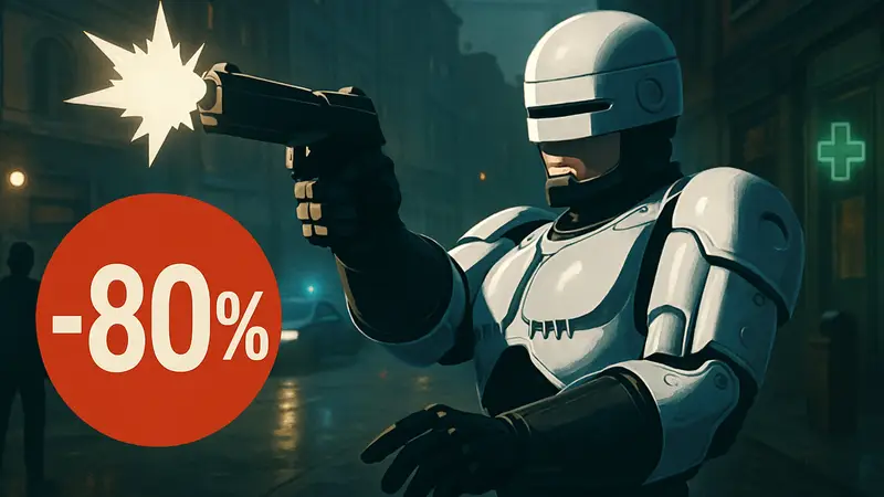 Кадр из игры RoboCop Rogue City, Робокоп целится из пистолета, показывая скидку 80% на игру.