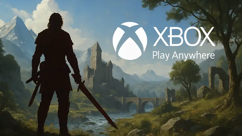Герой Crimson Desert в фэнтезийном мире, логотип Xbox Play Anywhere