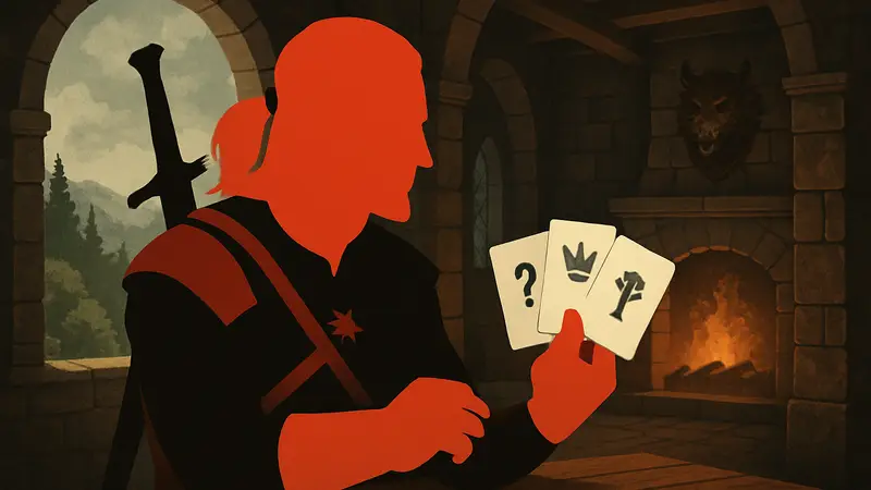 Геральт из Ривии в стиле игры Reigns: The Witcher, листающий карты решений.