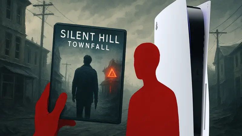 Обложка игры Silent Hill: Townfall на фоне PlayStation 5, подчеркивающая эксклюзивность.