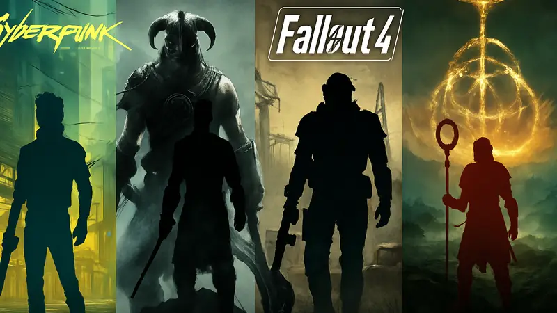 Логотипы игр FPS RPG для PlayStation 5: Cyberpunk 2077, Skyrim, Fallout 4, Elden Ring.