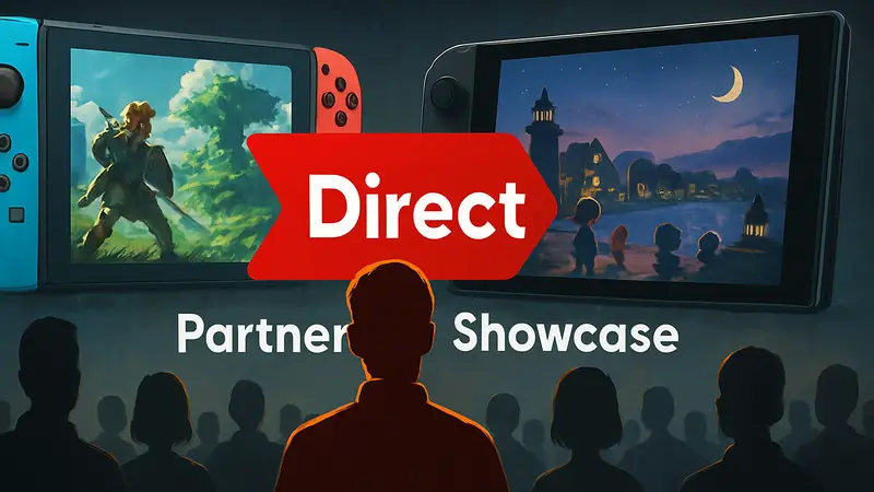 Логотип Nintendo Direct Partner Showcase 2026 на фоне игровых кадров с Nintendo Switch и Switch 2.