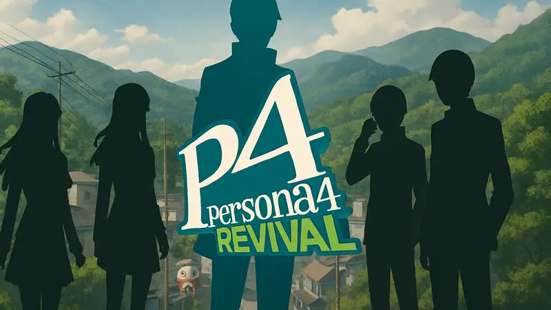 Логотип Persona 4 Revival на фоне персонажей игры, показывающий исправление прошлых ошибок.