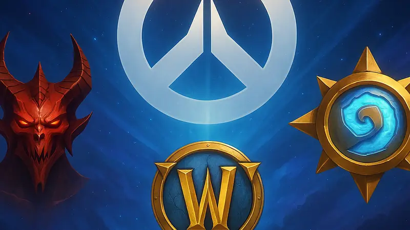 Логотипы игр Blizzard (Diablo, Overwatch, WoW, Hearthstone), символизирующие будущее компании