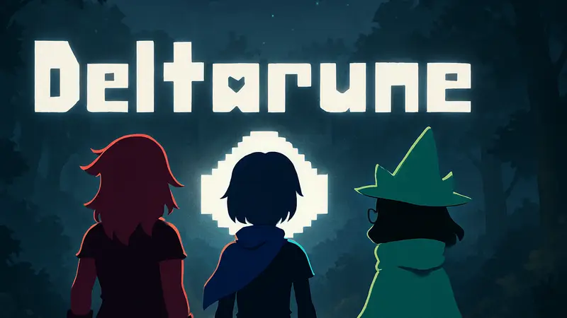 Арт персонажей Deltarune (Крисс, Сьюзи, Ральзей) на фоне логотипа игры.