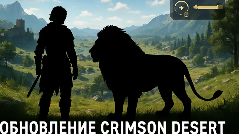 Игровой мир Crimson Desert с прирученным львом и элементами интерфейса. Обновление Crimson Desert.