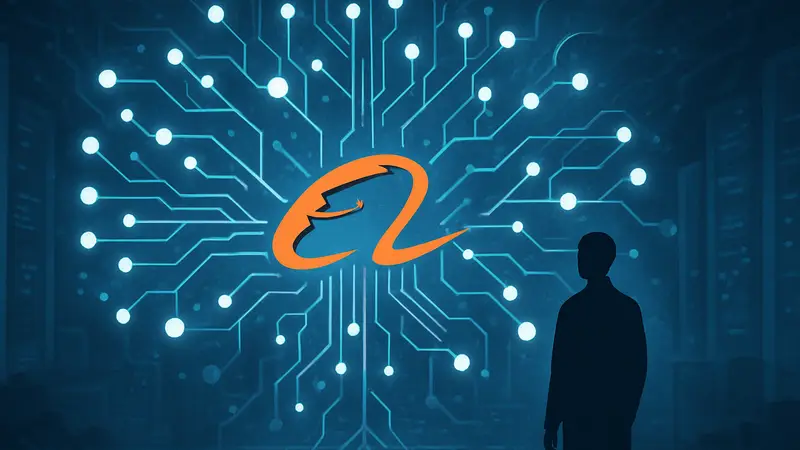 Схематическое изображение нейронной сети Qwen3.7-Max с логотипом Alibaba, символизирующее автономную работу ИИ.