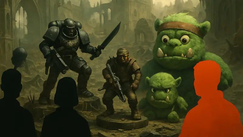 Миниатюры Warhammer 40,000 Kill Team из набора «Ужас на Девлане» и плюшевые орки.