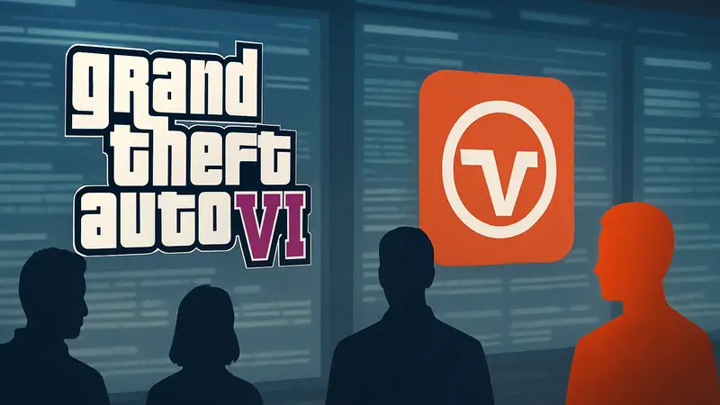Логотип Grand Theft Auto VI и значок Valve на фоне новостной ленты.