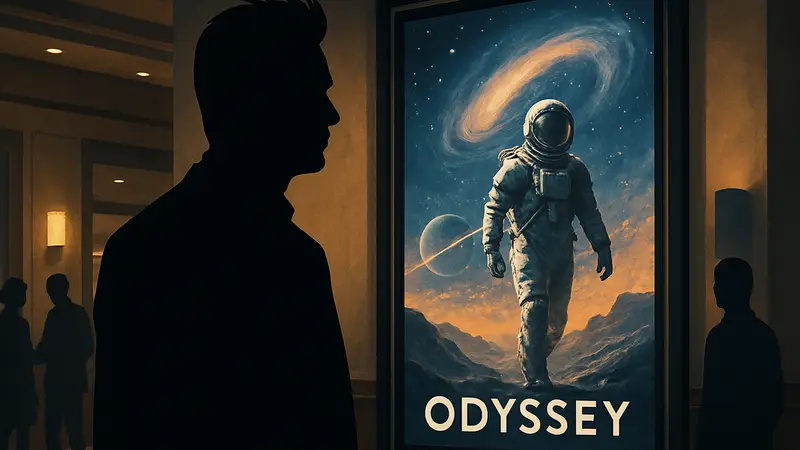 Кристофер Нолан на фоне афиши фильма «Одиссея» в кинотеатре